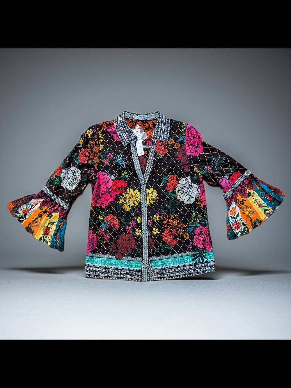 Alice + Olivia Rivera Mona Multi Floral Bell Sleeve Blouse NWT Size S $350 - Picture 4 of 14
